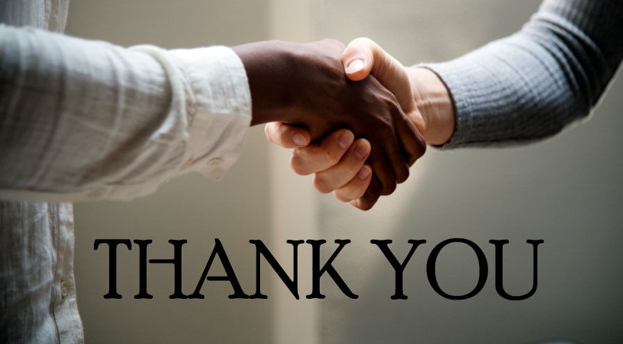 two arms outstretched one from the left and one from the right meet in the middle with hands clasping each other with THANK YOU in large black capital letters 